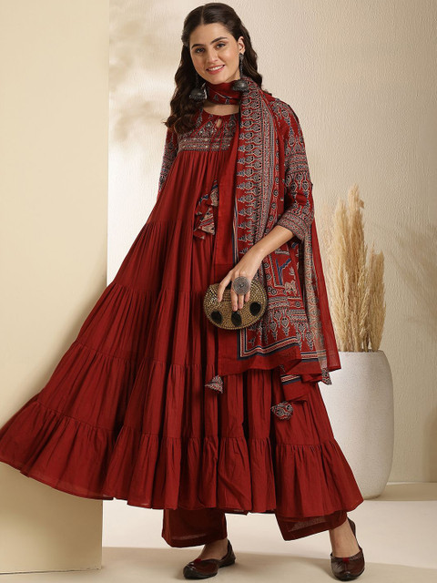 Sangria Embroidered Pure Cotton Key Hole-Neck Anarkali Kurta With Trouser & Dupatta