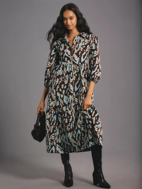 The Roadster Lifestyle Co. Plus Size Printed Shirt Collar Puff Sleeves Fit & Flare Dress - Image 7