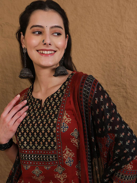Sangria Printed Pure Cotton Round Neck Straight Kurta & Palazzo With Dupatta - Image 6