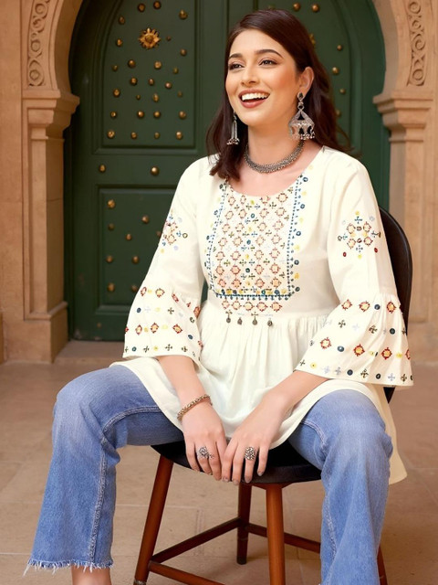 SZN Women Ethnic Motifs Embroidered Round Neck Bell Sleeve Top