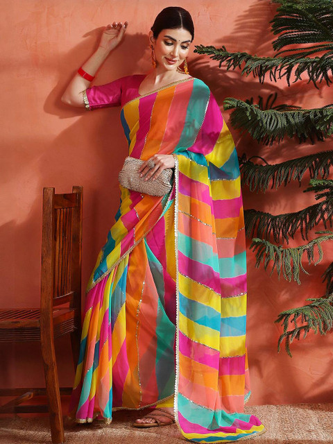 Sangria Striped Embellished Pure Georgette Saree With Unstitched Blouse - Image 2