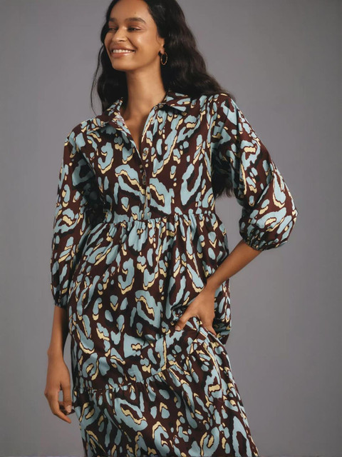 The Roadster Lifestyle Co. Plus Size Printed Shirt Collar Puff Sleeves Fit & Flare Dress - Image 5