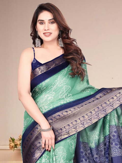 SUPERLAXMI Ethnic Motifs Zari Silk Blend Block Print Saree