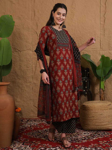Sangria Printed Pure Cotton Round Neck Straight Kurta & Palazzo With Dupatta - Image 3