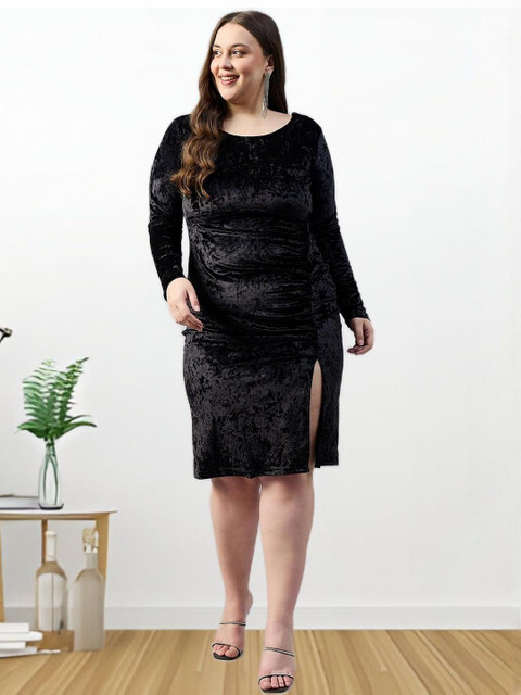 Sztori Velvet Women Plus Size Ruched Bodycon Dress With Slit