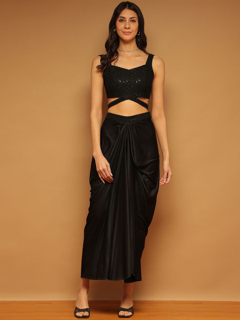 TRYMISFIT Embellished Crop Top & Draped High-Slit Skirt Co-Ord Set
