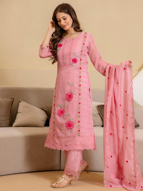 SANISA Women Floral Embroidered Straight Kurta with Trousers & Dupatta - Image 3