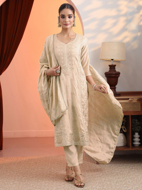Libas Paisley Embroidered V-Neck Sequinned Straight Kurta With Trousers & Dupatta