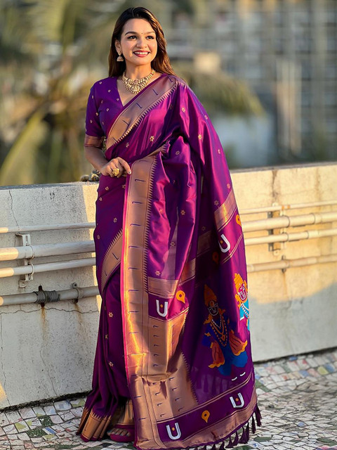 ELITE WEAVES Ethnic Motifs Zari Silk Blend Paithani Saree - Image 3