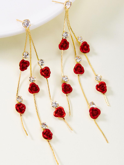 Anouk Floral Red Rose Drop Earrings