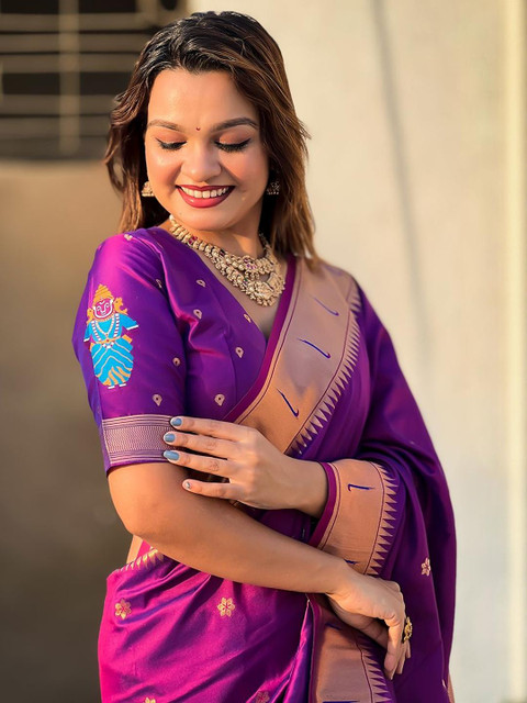 ELITE WEAVES Ethnic Motifs Zari Silk Blend Paithani Saree