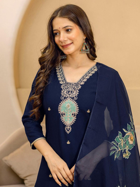 SKYLEE Floral Embroidered Square Neck Thread Work Kurta With Trousers & Dupatta