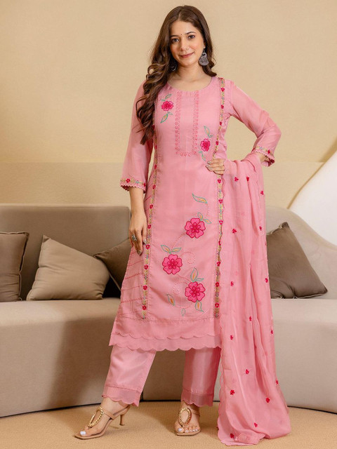 SANISA Women Floral Embroidered Straight Kurta with Trousers & Dupatta - Image 5
