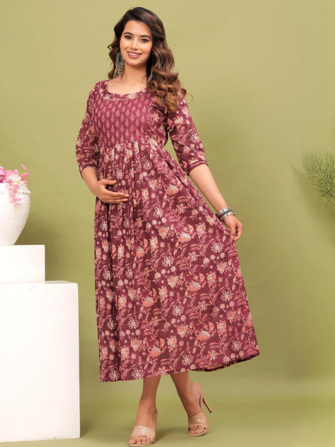 CLOTHYCORP Women Maroon Floral Printed Cotton Blend Round Neck Casual feeding zip kurti