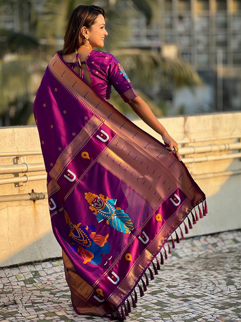 ELITE WEAVES Ethnic Motifs Zari Silk Blend Paithani Saree - Image 4