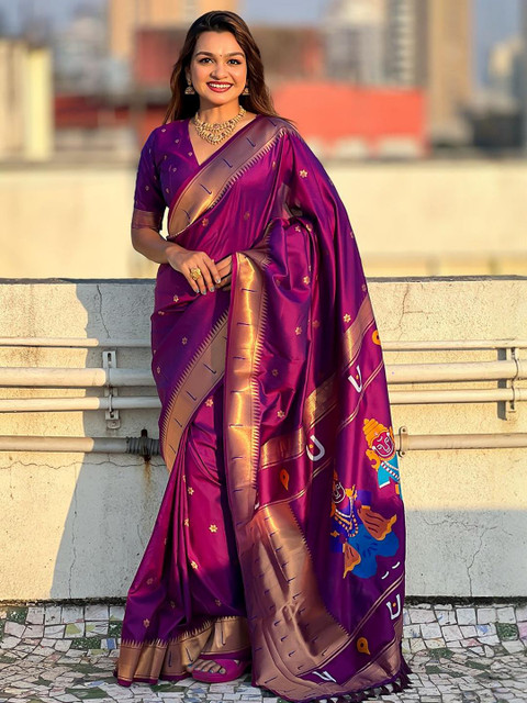 ELITE WEAVES Ethnic Motifs Zari Silk Blend Paithani Saree - Image 2