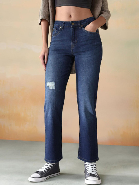 Flying Machine Women Straight Fit Low Distress Light Fade Stretchable Jeans