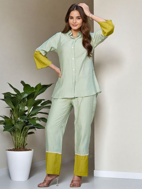 MODA-Q Self-Design Collar Neck Shirt With Trousers Co-Ords