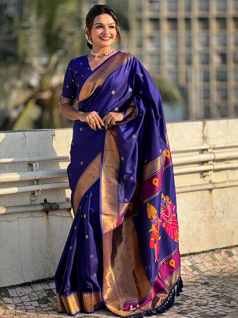 ELITE WEAVES Floral Woven Design Zari Paithani Saree