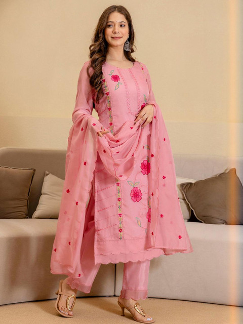 SANISA Women Floral Embroidered Straight Kurta with Trousers & Dupatta - Image 6