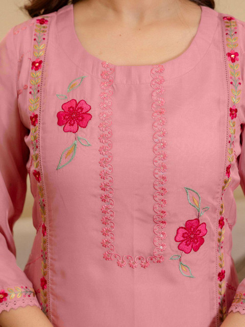 SANISA Women Floral Embroidered Straight Kurta with Trousers & Dupatta - Image 2
