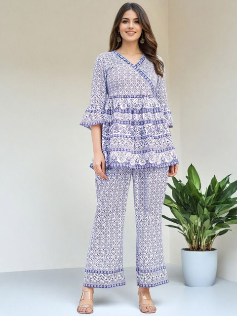 SZN Printed V-Neck Threee Fourth Sleeves Top With Trouser Co-Ords