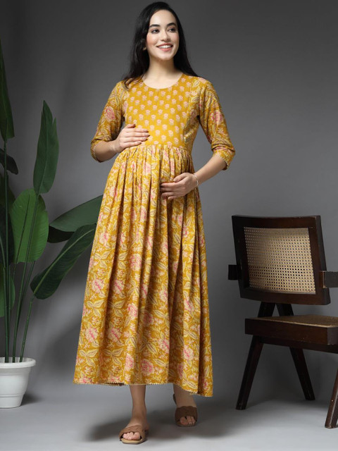 Pristyle Women Floral Printed Gathered or Pleated Maternity Fit & Flare Maxi Dress