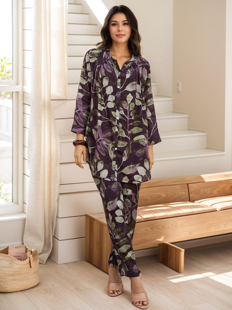 all about you Printed Mandarin Collar Neck Shirt With Trousers Co-Ords