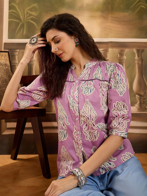 Sangria Women Ethnic Motifs Print Mandarin Collar Pure Cotton Shirt Style Top