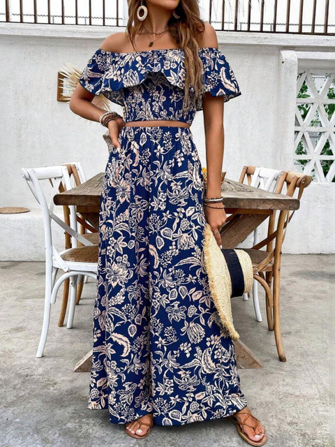 all about you Printed Off Shoulder Neck Top With Trousers Co-Ords