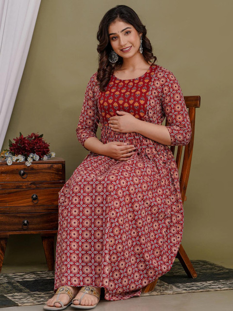 CLOTHYCORP Floral Printed Pure Cotton Maternity Pleated Anarkali Kurti