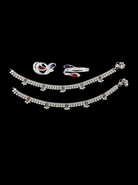 sonu select Women Silver-Plated Artificial Beads Studded 2 Pcs Anklets & 2 Pcs Toe Rings