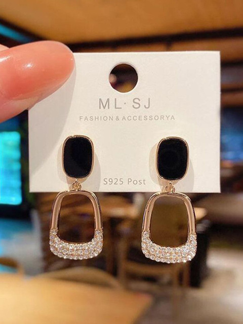 Celestria Gold-Plated Geometric Shaped Artificial Stones Studded Drop Earrings - Image 2