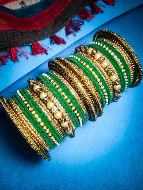 RIJOLI Set of 36 Women Green & Gold Chuda Bangle