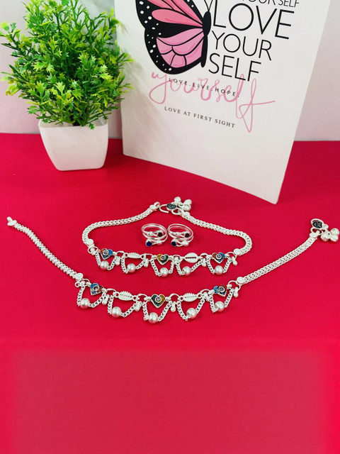 sonu select Women Silver-Plated Artificial Beads Studded 2 Pcs Anklets & 2 Pcs Toe Rings
