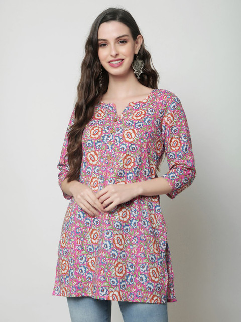 HERE&NOW Women Floral Printed Round Neck Pure Cotton Straight Kurti