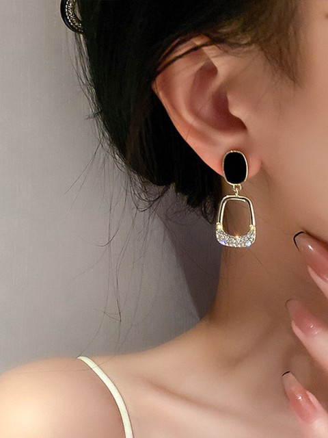 Celestria Gold-Plated Geometric Shaped Artificial Stones Studded Drop Earrings - Image 4