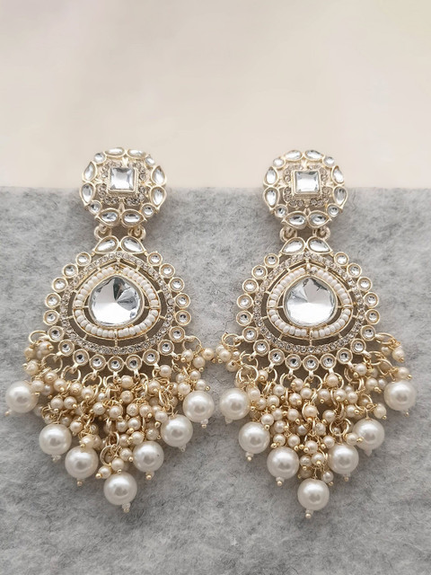 MEIRA JEWELLERY Gold Plated Artificial Studded And Beaded Contemporary Drop Earrings