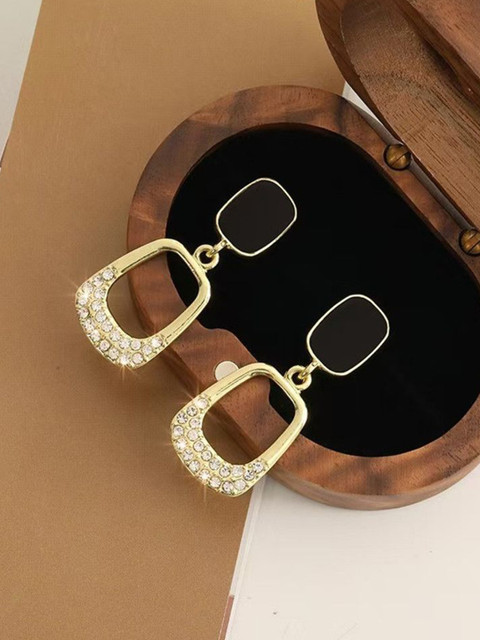 Celestria Gold-Plated Geometric Shaped Artificial Stones Studded Drop Earrings
