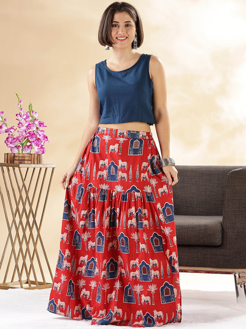Anouk Printed Pure Cotton Round Neck Sleeveless Crop Top With Skirt Co-Ords