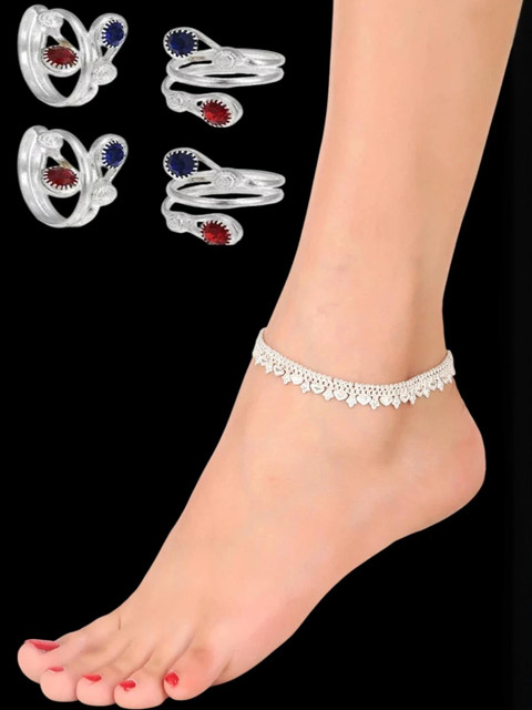 sonu select Women Pack Of 4 Silver-Plated Alloy Ethnic S-Hook Anklet With 4 Toe Rings