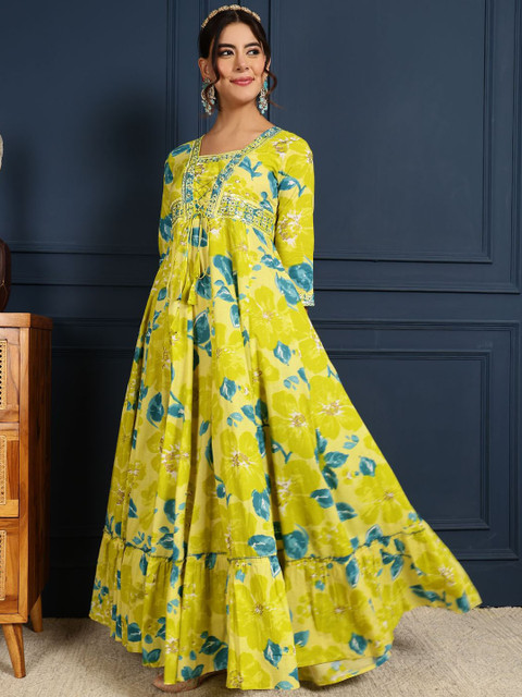 Sangria Printed Cotton Ankle Length Flared Gown