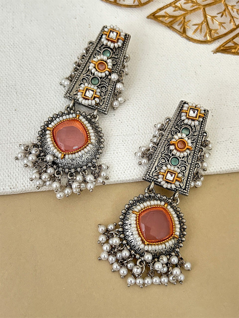 Zeviel Silver-Plated Stones Studded & Beaded Contemporary Oxidised Drop Earrings