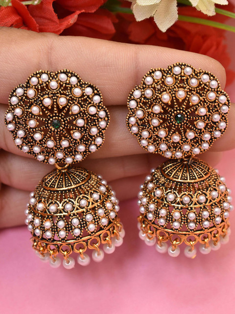 MEIRA JEWELLERY Artificial Stones Studded & Beaded Dome Shaped Jhumkas