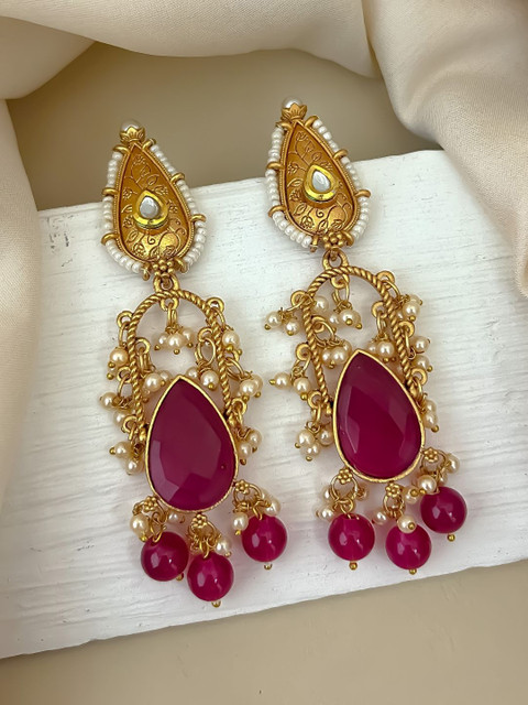 Zeviel Gold-Plated Artificial Stones Studded & Beaded Contemporary Antique Drop Earrings
