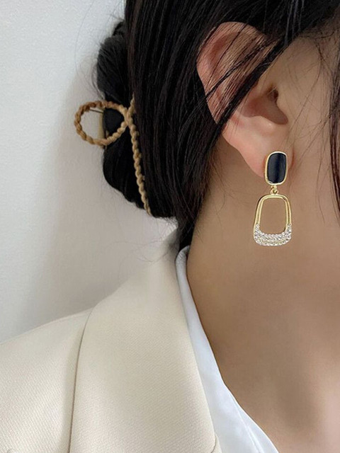 Celestria Gold-Plated Geometric Shaped Artificial Stones Studded Drop Earrings - Image 3