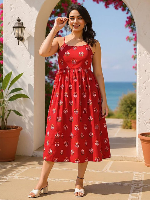 SZN Women Ethnic Motifs Printed Sleeveless Cotton Fit & Flare Midi Dress