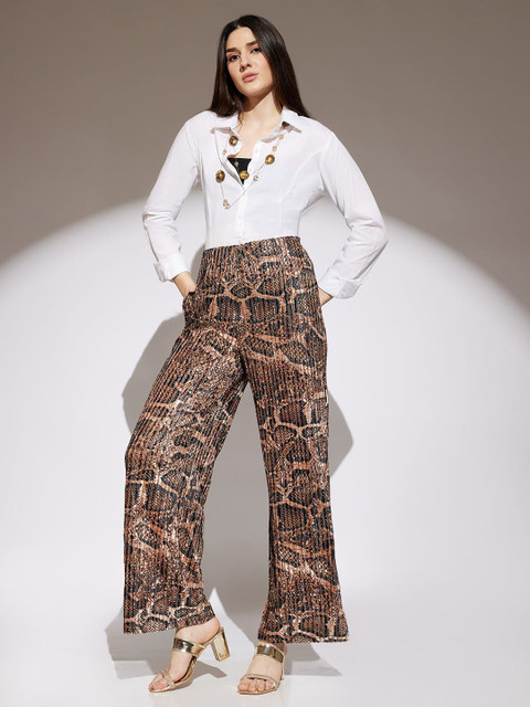 Globus Women Gold Animal Print Mid Rise Accordion Pleats Wide Leg Party Wear Trousers