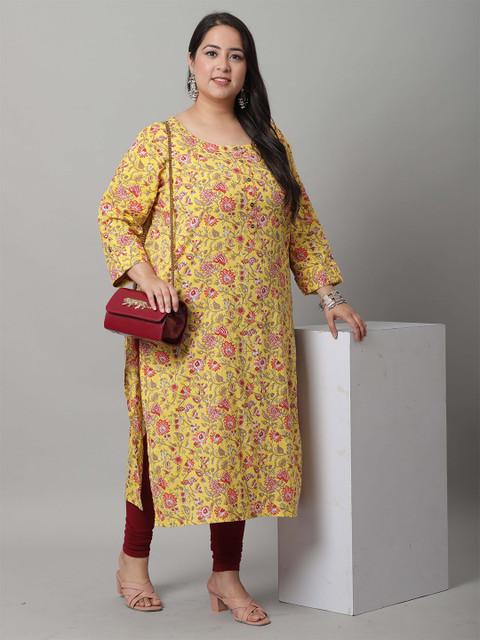 KALINI Plus Size Floral Printed Round Neck Pure Cotton Straight Kurta