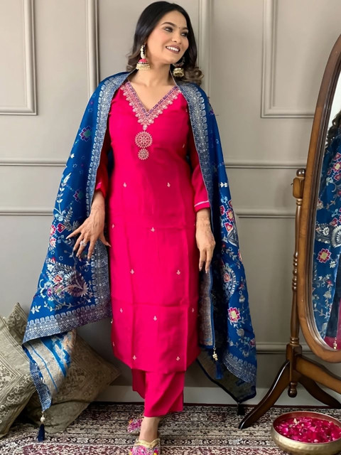 Lefankshi fashion Women Embroidered Thread Work Kurta with Trousers & Dupatta